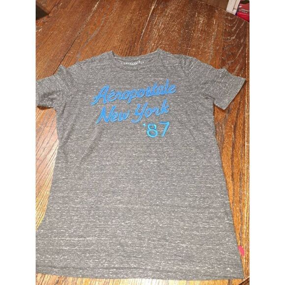 Small Aeropostale Grey Heather Blue Short Sleeve Tee TShirt Top Crew Neck - Picture 1 of 3